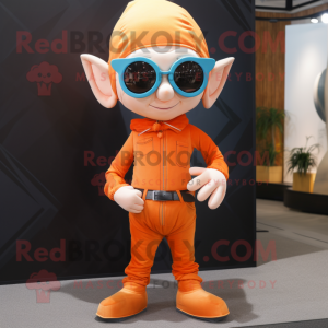 Orange Elf mascot costume character dressed with a Jeans and Sunglasses