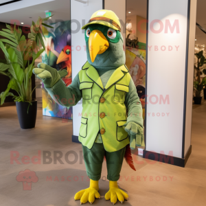 Olive Parrot mascot costume character dressed with a Jeggings and Hat pins