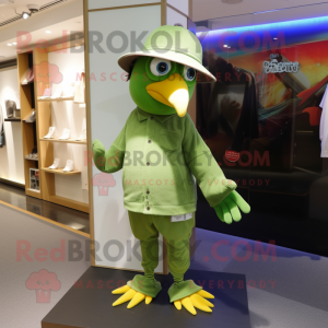 Olive Parrot mascot costume character dressed with a Jeggings and Hat pins
