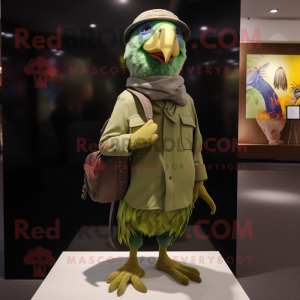 Olive Parrot mascot costume character dressed with a Jeggings and Hat pins