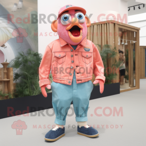 Pink Clown Fish mascot costume character dressed with a Denim Shorts and Lapel pins
