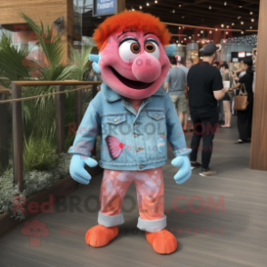 Pink Clown Fish mascot costume character dressed with a Denim Shorts and Lapel pins