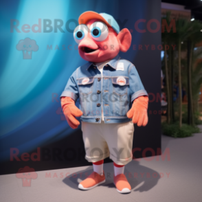 Pink Clown Fish mascot costume character dressed with a Denim Shorts and Lapel pins