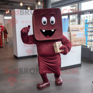 Maroon Chocolate Bar mascot costume character dressed with a Capri Pants and Cummerbunds