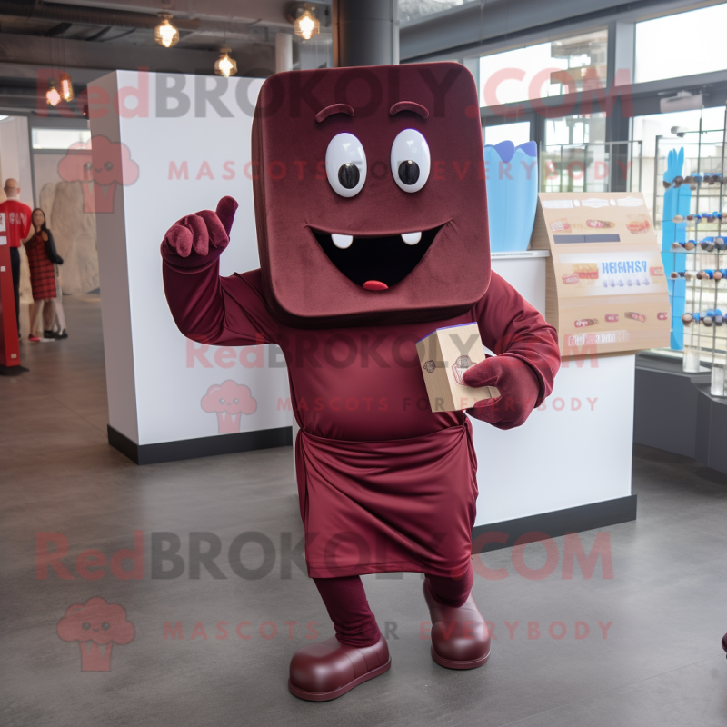 Maroon Chocolate Bar mascot costume character dressed with a Capri Pants and Cummerbunds Maroon Chocolate Bar mascot costume character dressed with a Capri Pants and Cummerbunds