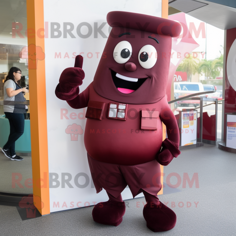 Maroon Chocolate Bar mascot costume character dressed with a Capri Pants and Cummerbunds Maroon Chocolate Bar mascot costume character dressed with a Capri Pants and Cummerbunds
