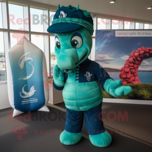 Teal Seahorse mascot costume character dressed with a Rugby Shirt and Caps