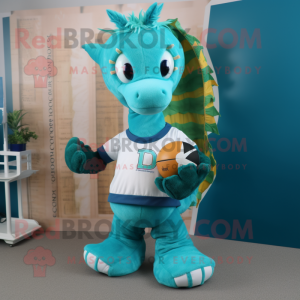 Teal Seahorse mascot costume character dressed with a Rugby Shirt and Caps