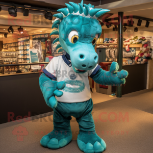 Teal Seahorse mascot costume character dressed with a Rugby Shirt and Caps