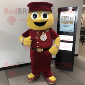 Maroon Pot Of Gold mascot costume character dressed with a Overalls and Bracelet watches