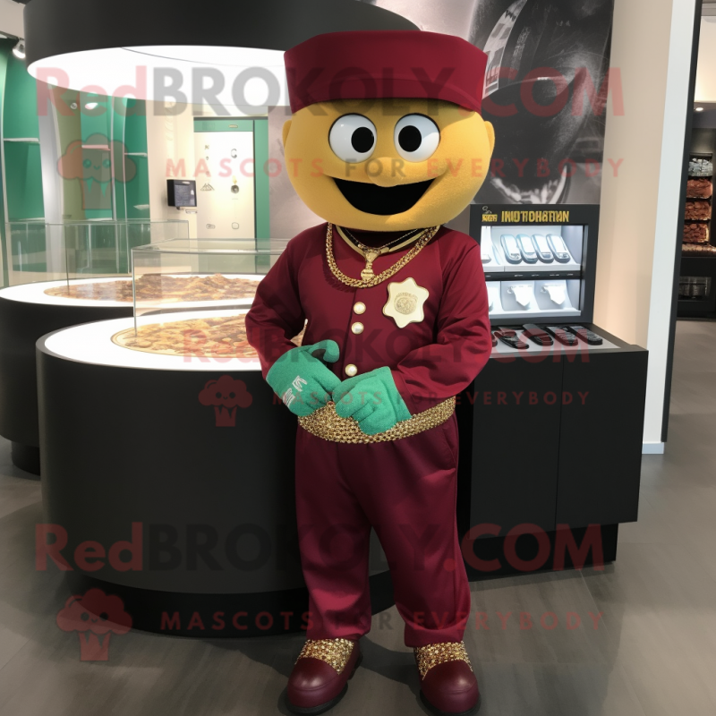 Maroon Pot Of Gold mascot costume character dressed with a Overalls and Bracelet watches