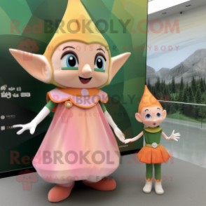 Peach Elf mascot costume character dressed with a Sheath Dress and Watches