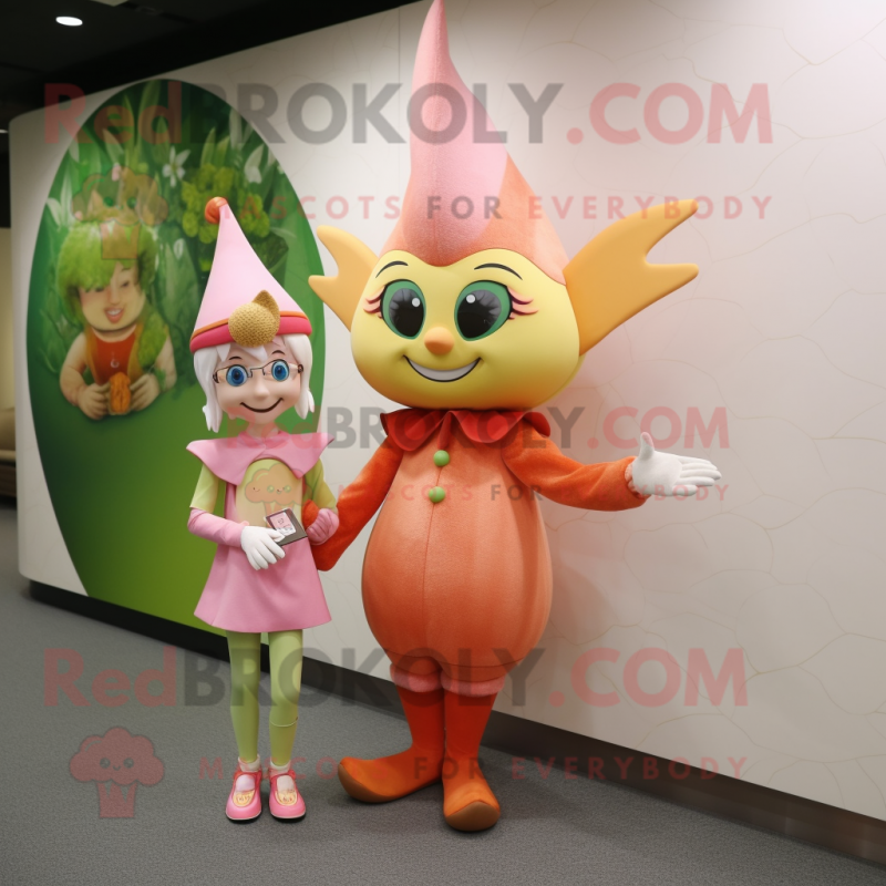 Peach Elf mascot costume character dressed with a Sheath Dress and Watches