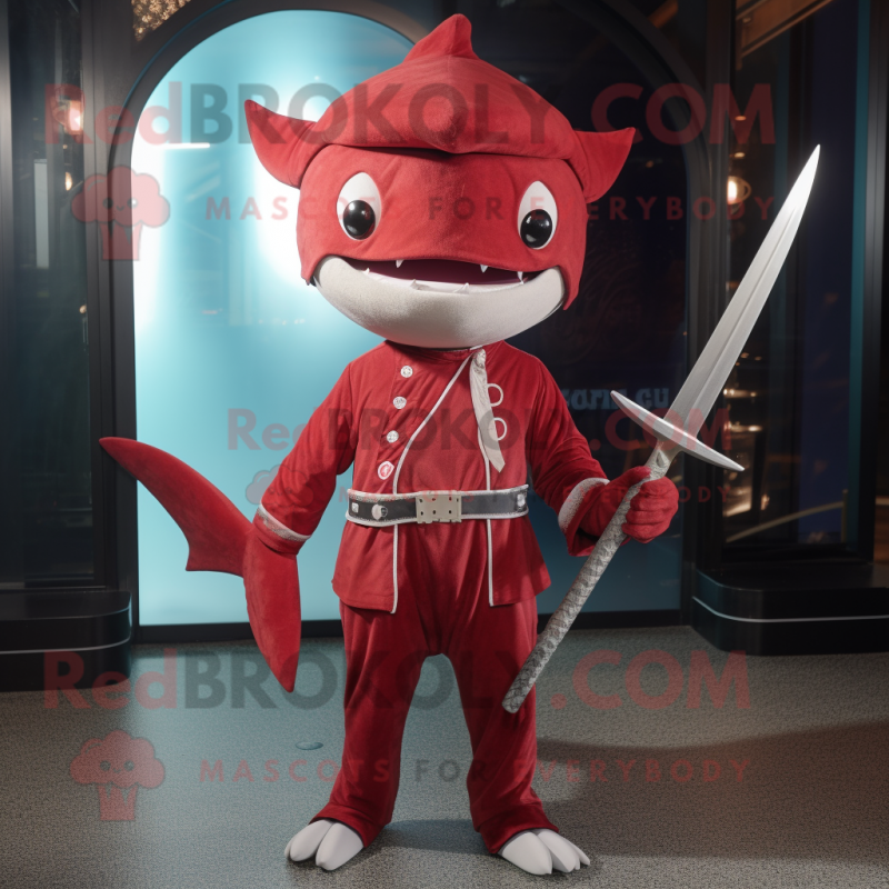 Red Swordfish mascot costume character dressed with a Skinny Jeans and Lapel pins