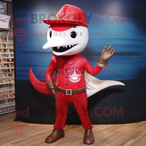 Red Swordfish mascot costume character dressed with a Skinny Jeans and Lapel pins