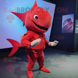Red Swordfish mascot costume character dressed with a Skinny Jeans and Lapel pins
