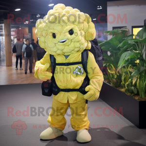 Lemon Yellow Cauliflower mascot costume character dressed with a Cargo Pants and Backpacks