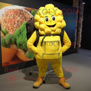 Lemon Yellow Cauliflower mascot costume character dressed with a Cargo Pants and Backpacks