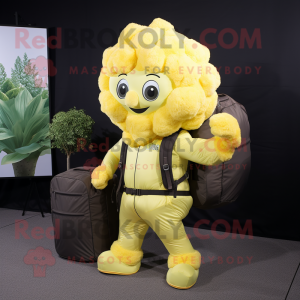 Lemon Yellow Cauliflower mascot costume character dressed with a Cargo Pants and Backpacks