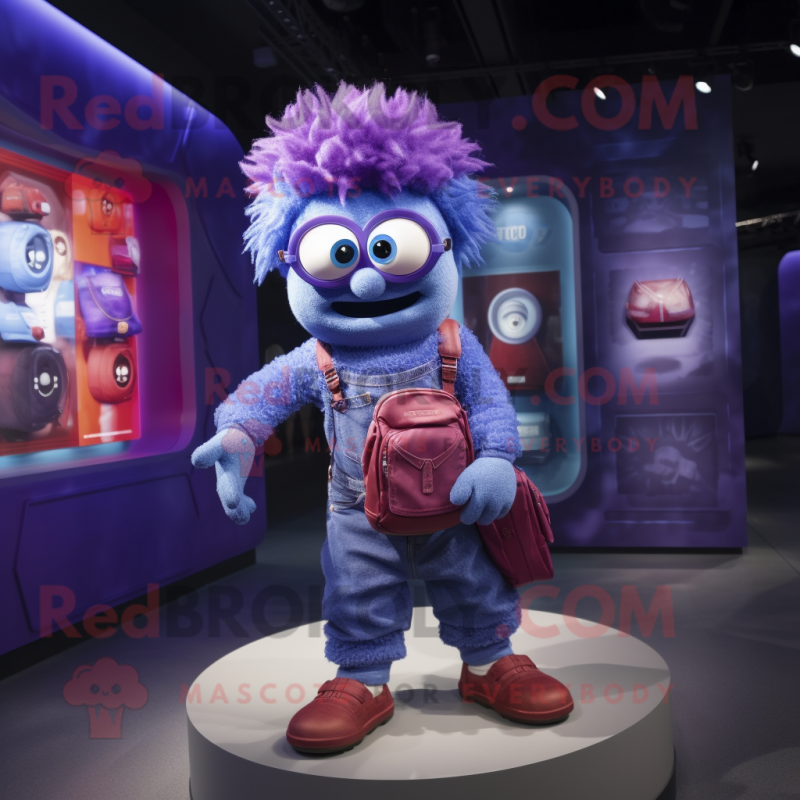Purple Cyclops mascot costume character dressed with a Denim Shorts and Coin purses Purple Cyclops mascot costume character dressed with a Denim Shorts and Coin purses