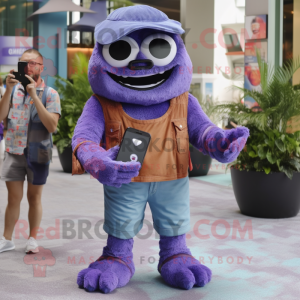 Purple Cyclops mascot costume character dressed with a Denim Shorts and Coin purses