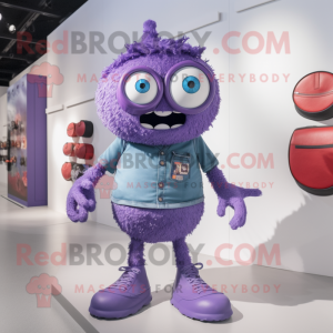 Purple Cyclops mascot costume character dressed with a Denim Shorts and Coin purses