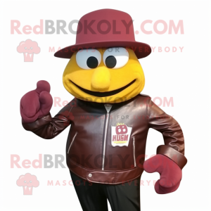 Maroon Rainbow mascot costume character dressed with a Leather Jacket and Hat pins