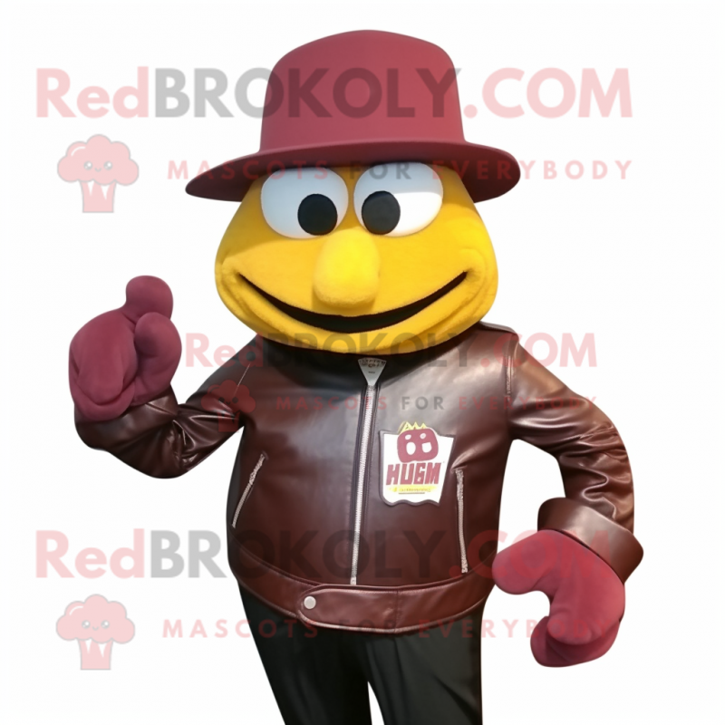 Maroon Rainbow mascot costume character dressed with a Leather Jacket and Hat pins Maroon Rainbow mascot costume character dressed with a Leather Jacket and Hat pins