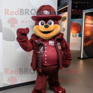 Maroon Rainbow mascot costume character dressed with a Leather Jacket and Hat pins