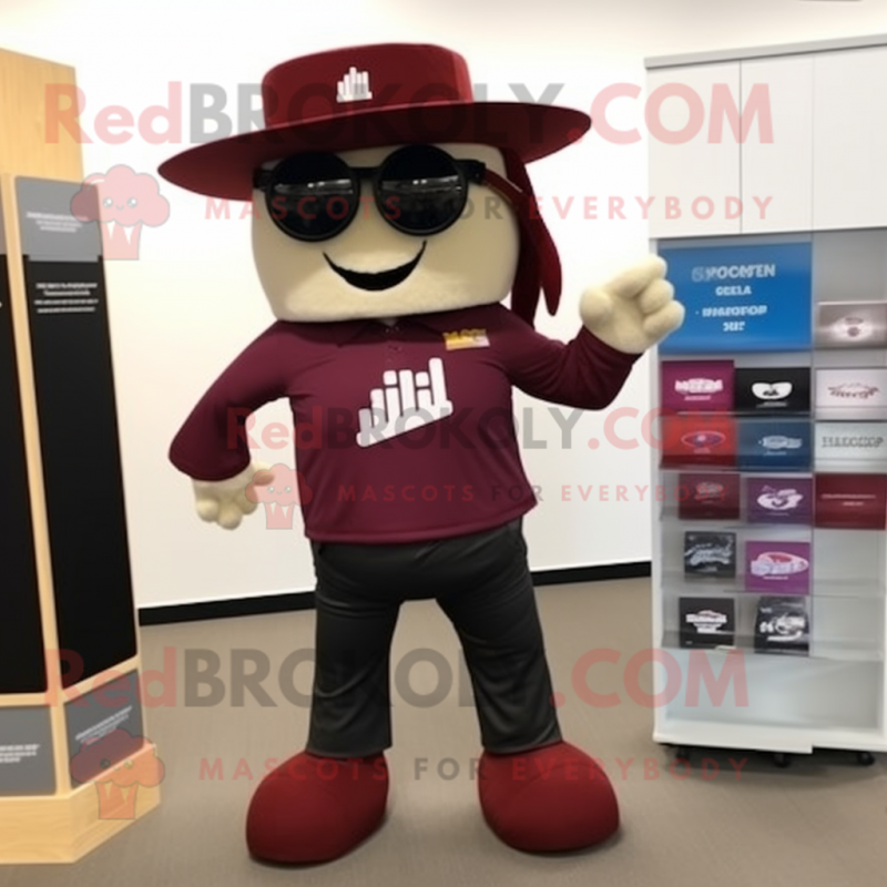 Maroon Rainbow mascot costume character dressed with a Leather Jacket and Hat pins Maroon Rainbow mascot costume character dressed with a Leather Jacket and Hat pins