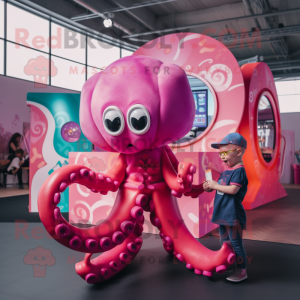 Magenta Octopus mascot costume character dressed with a Playsuit and Rings