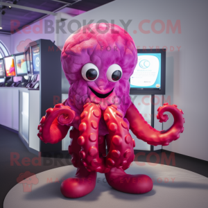 Magenta Octopus mascot costume character dressed with a Playsuit and Rings