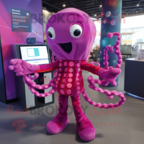 Magenta Octopus mascot costume character dressed with a Playsuit and Rings
