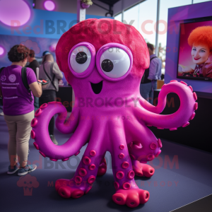Magenta Octopus mascot costume character dressed with a Playsuit and Rings