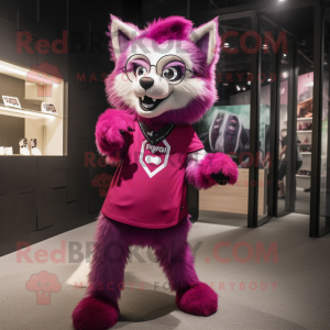 Magenta Wolf mascot costume character dressed with a Mini Dress and Eyeglasses