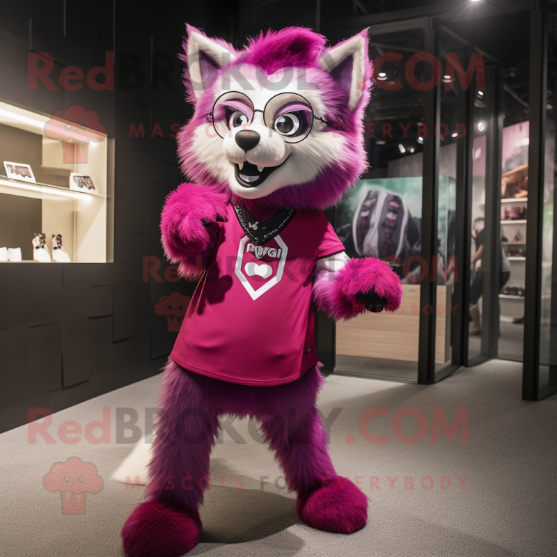 Magenta Wolf mascot costume character dressed with a Mini Dress and Eyeglasses