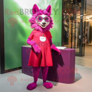 Magenta Wolf mascot costume character dressed with a Mini Dress and Eyeglasses