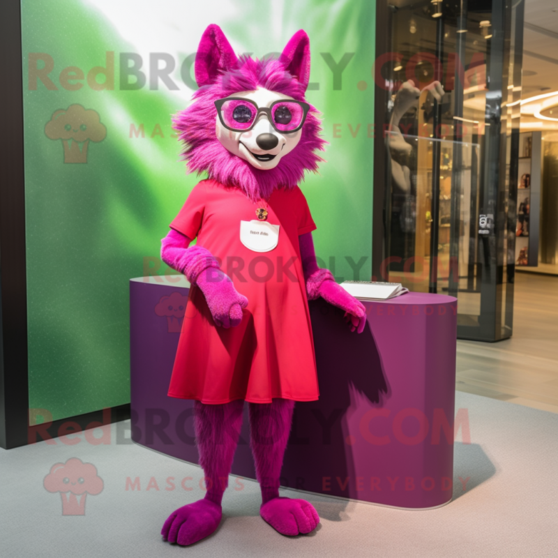 Magenta Wolf mascot costume character dressed with a Mini Dress and Eyeglasses