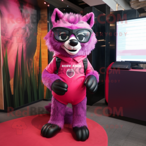 Magenta Wolf mascot costume character dressed with a Mini Dress and Eyeglasses