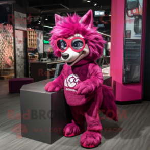 Magenta Wolf mascot costume character dressed with a Mini Dress and Eyeglasses