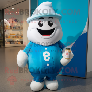 Blue Bottle Of Milk mascot costume character dressed with a Sweatshirt and Berets