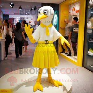 Yellow Albatross mascot costume character dressed with a Mini Skirt and Gloves