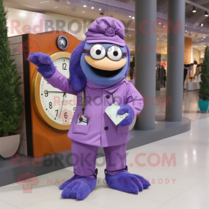Purple Wrist Watch mascot costume character dressed with a Coat and Messenger bags