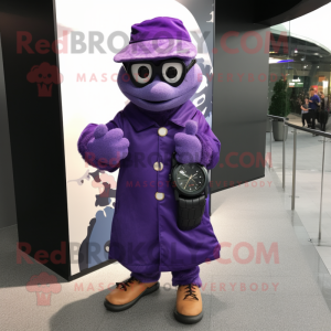 Purple Wrist Watch mascot costume character dressed with a Coat and Messenger bags