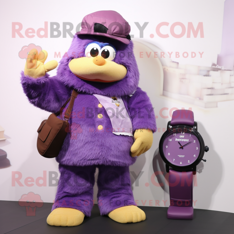 Purple Wrist Watch mascot costume character dressed with a Coat and Messenger bags