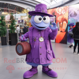 Purple Wrist Watch mascot costume character dressed with a Coat and Messenger bags