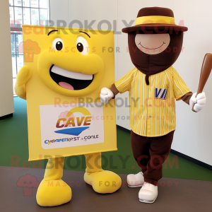 Yellow Chocolate Bars mascot costume character dressed with a Baseball Tee and Pocket squares