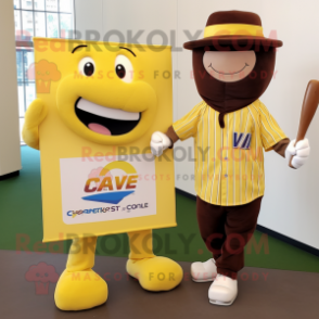 Yellow Chocolate Bars mascot costume character dressed with a Baseball Tee and Pocket squares