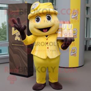 Yellow Chocolate Bars mascot costume character dressed with a Baseball Tee and Pocket squares