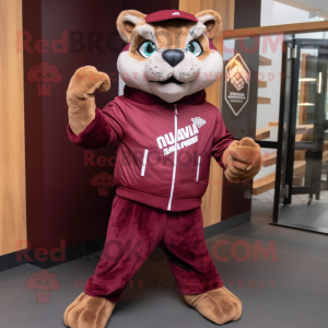 Maroon Puma mascot costume character dressed with a Jacket and Clutch bags